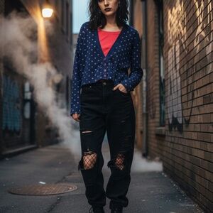 Paquette Navy Cropped Button Cardigan – Geometric Print, Size L